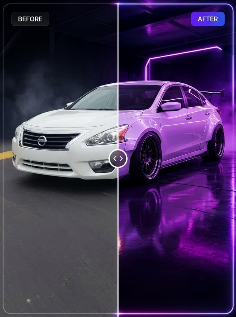 Nissan customized with purple neon garage theme
