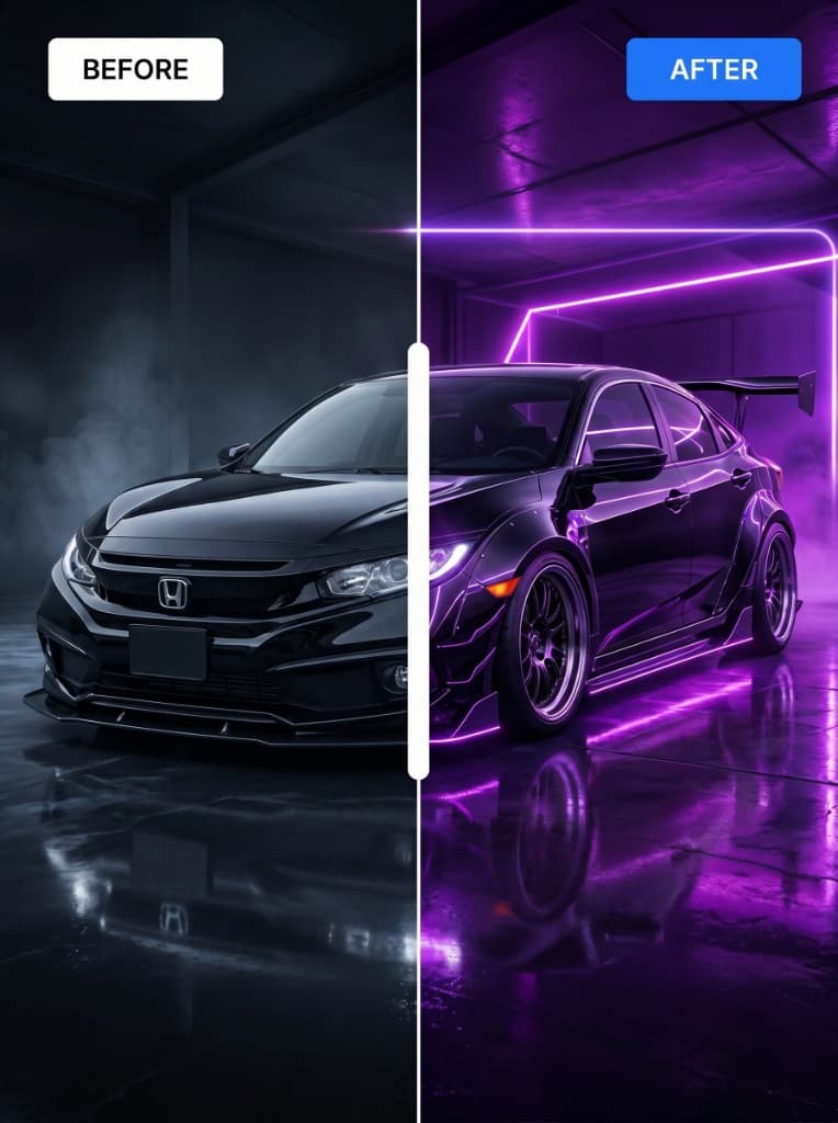 Honda Civic customized with purple neon garage theme