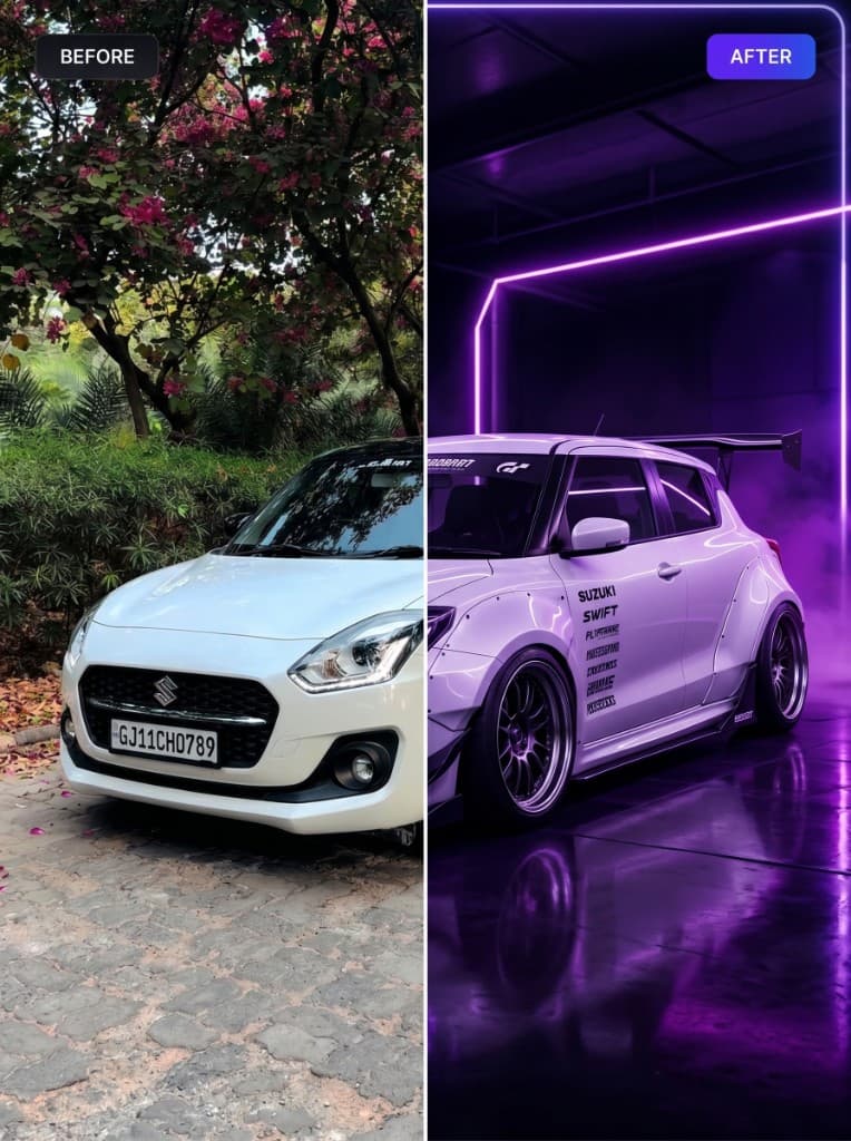 Suzuki Swift customized with purple neon garage theme