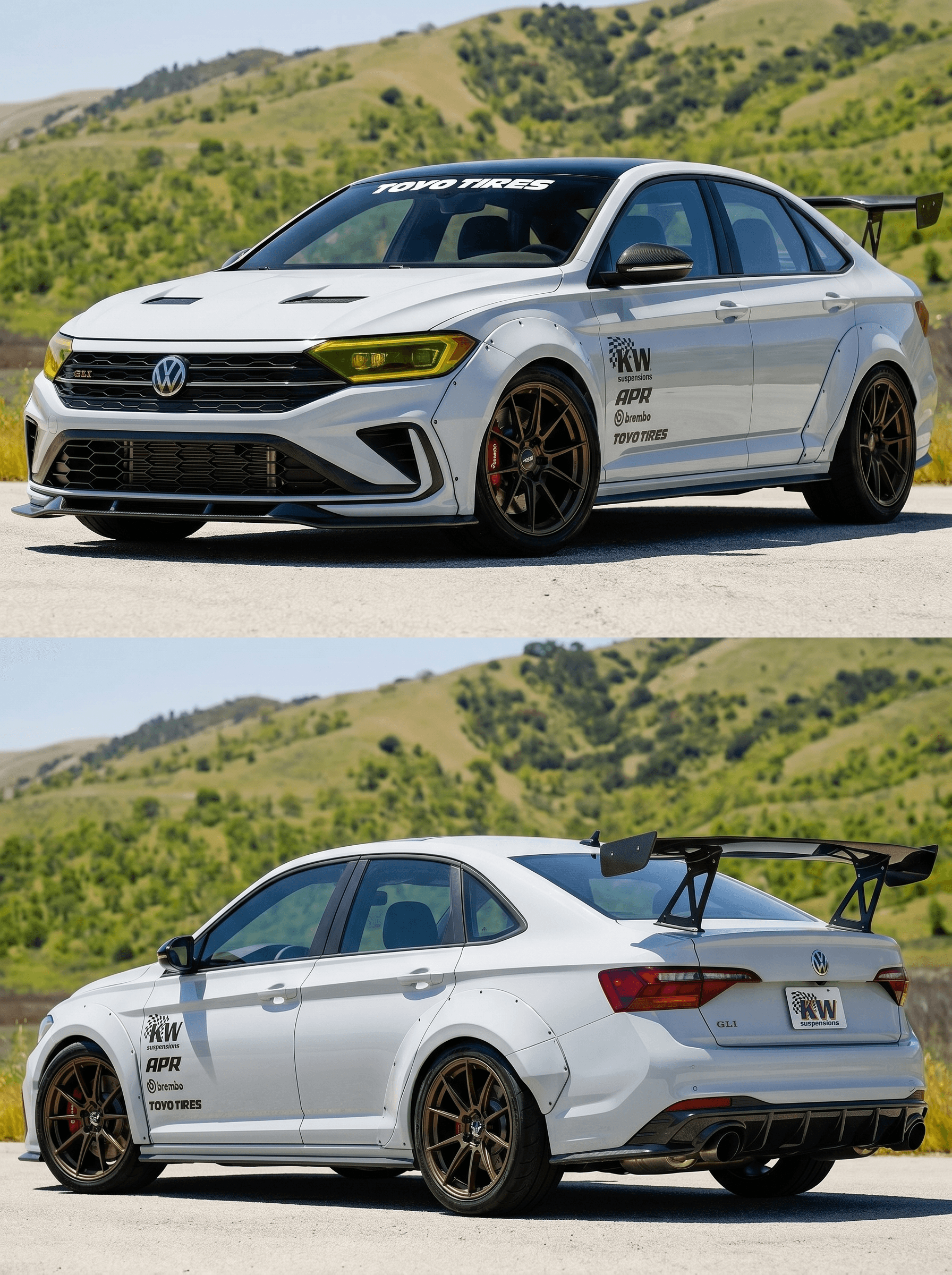 Widebody VW Jetta with race wing on bronze wheels